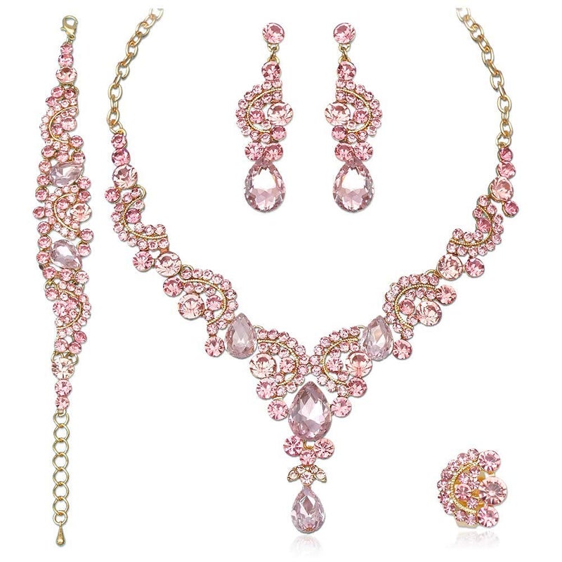 CSY 4 Pcs/Sets Elegant Crystal Necklace Earrings Bracelet Ring Bridal Wedding Costume Jewelry Sets for Brides Women Gifts (Gold Plated-Pink) - Image 1